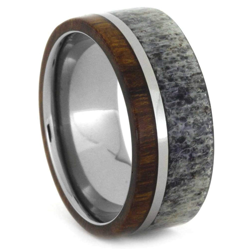 Diamond, Mother of Pearl, Ironwood Engagement Ring, Deer Antler, Ironwood, Titanium Band and His and Hers Wedding Band Set Size 15.75