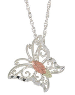 Diamond-Cut Butterfly Pendant Necklace, Sterling Silver, 12k Green Gold, 12k Rose Gold Black Hills Gold, 18''
