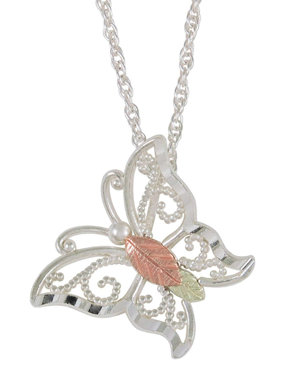 Butterfly Pendant Necklace, Sterling Silver, 12k Green and Rose Gold Black Hills Gold Motif, 18''