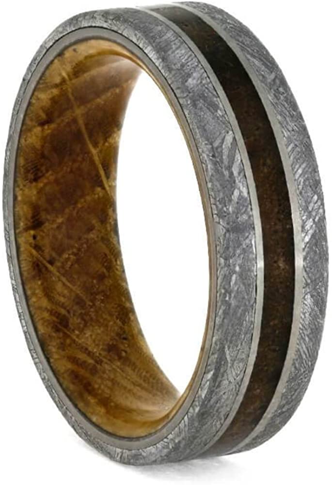 The Men's Jewelry Store (Unisex Jewelry) Gibeon Meteorite, Matte Titanium 7mm Comfort-Fit Whiskey Barrel Oak Wood Sleeve Band, Size 12.75