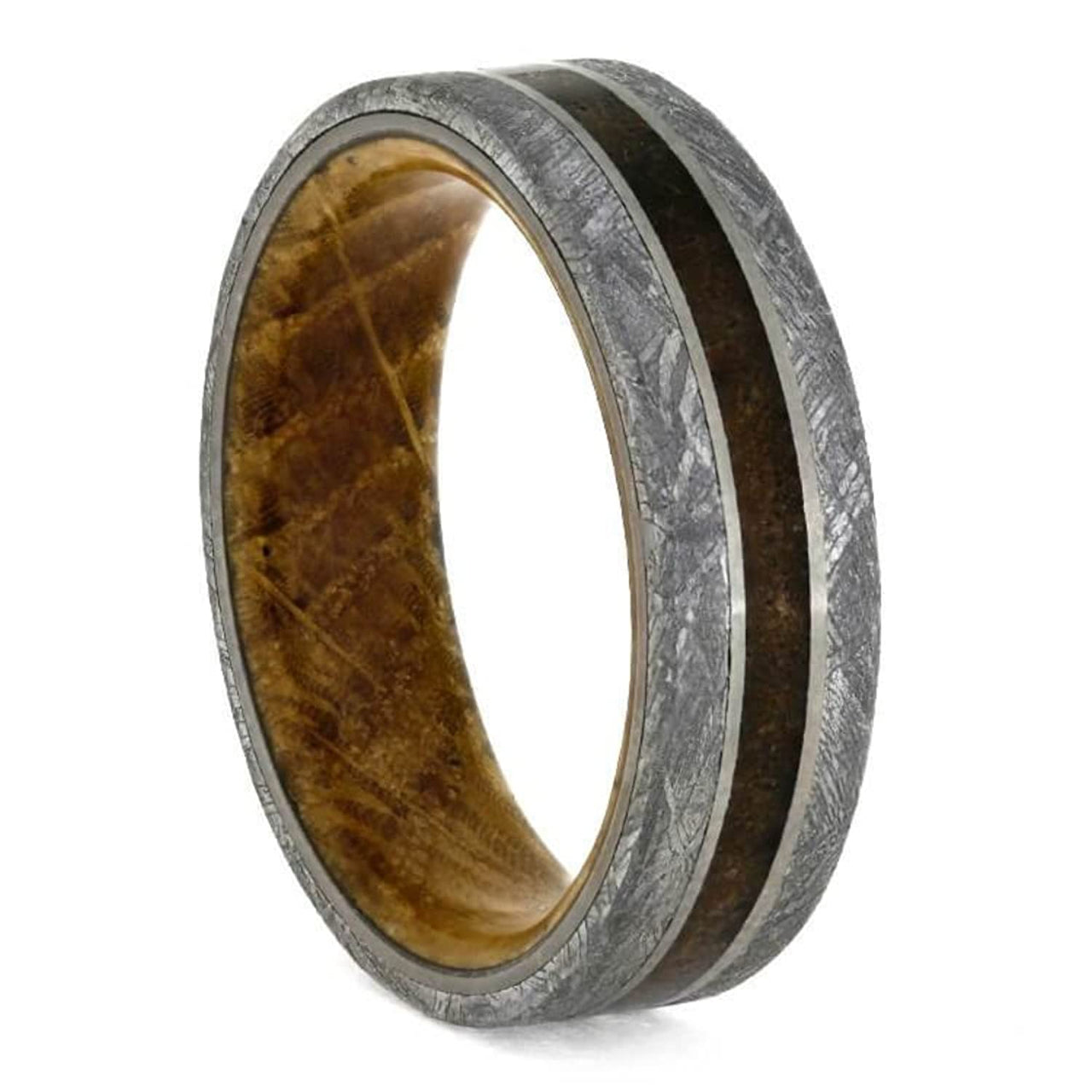 The Men's Jewelry Store (Unisex Jewelry) Gibeon Meteorite, Matte Titanium 7mm Comfort-Fit Whiskey Barrel Oak Wood Sleeve Band