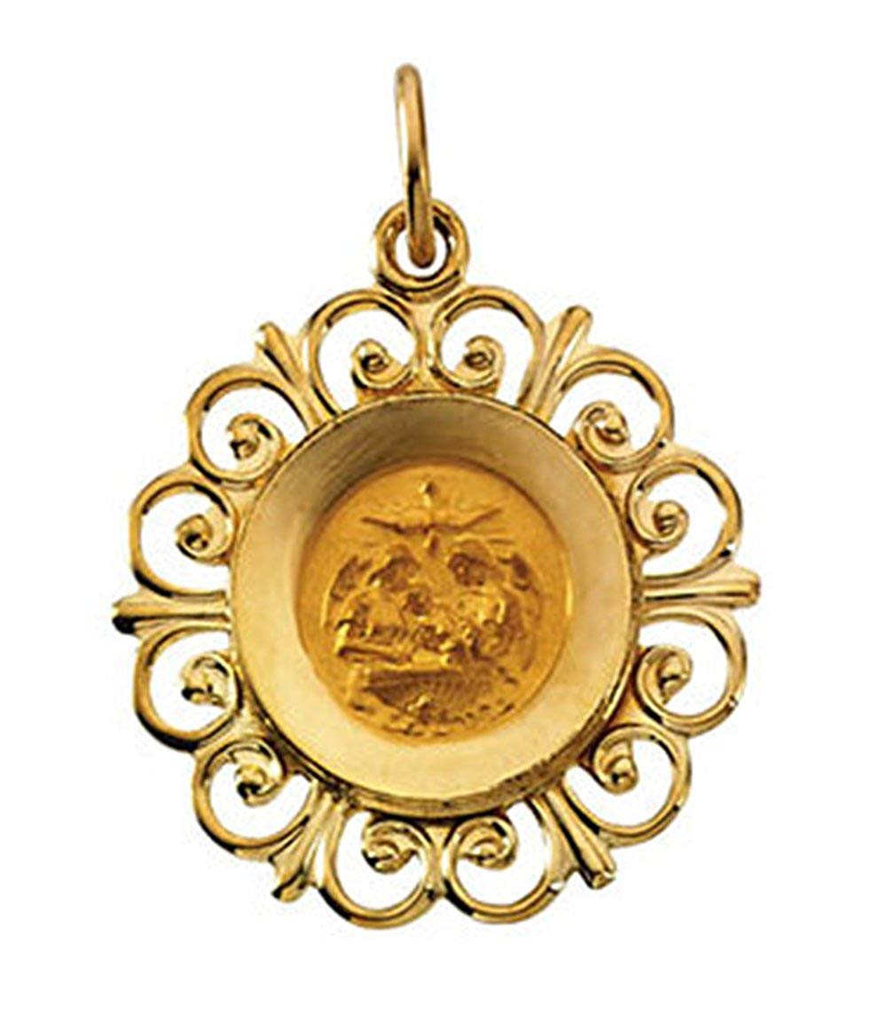 Rhodium Plated 14k Yellow Gold Round Baptismal Medal (18.5 MM)