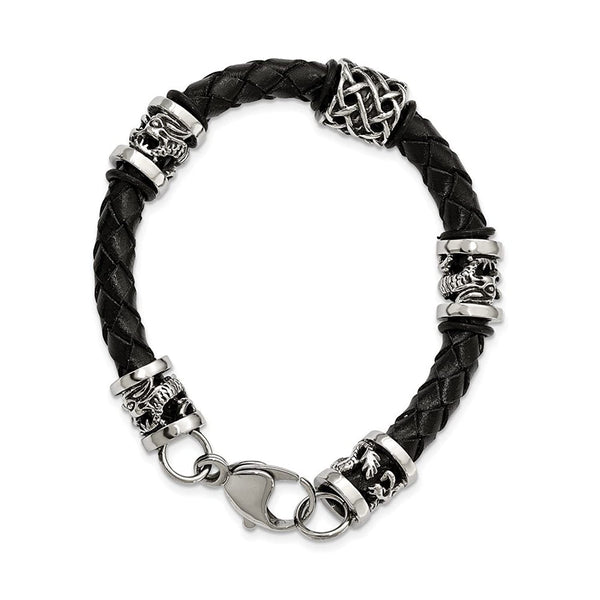 Men's Stainless Steel Antiqued Dragon Black Braided Leather Bracelet, 8.5"