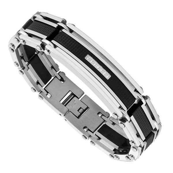Men's Cubic Zirconia with Black Ion Plated, Link Bracelet, Stainless Steel, 8.5"