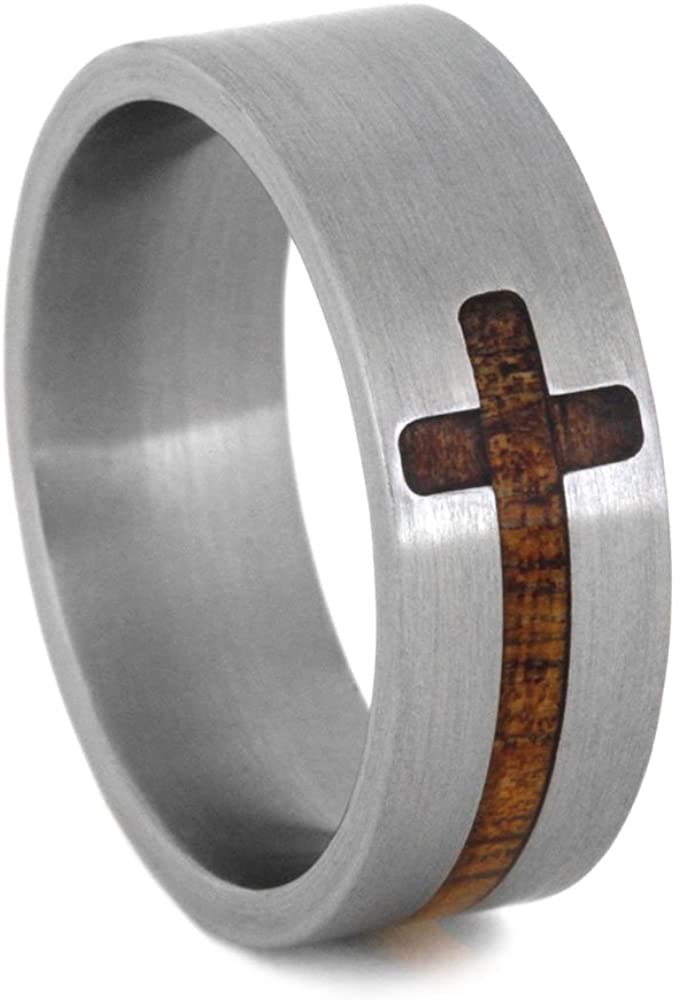 Koa Wood Cross 8mm Comfort-Fit Brushed Titanium Band, Size 14