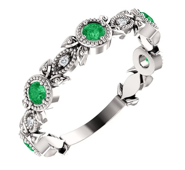 Emerald and Diamond and Vintage-Style Ring, Rhodium-Plated Sterling Silver, Size 7.25