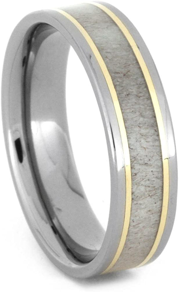 The Men's Jewelry Store (Unisex Jewelry) Deer Antler, 14k Yellow Gold Pinstripe 6mm Comfort-Fit Titanium Wedding Band