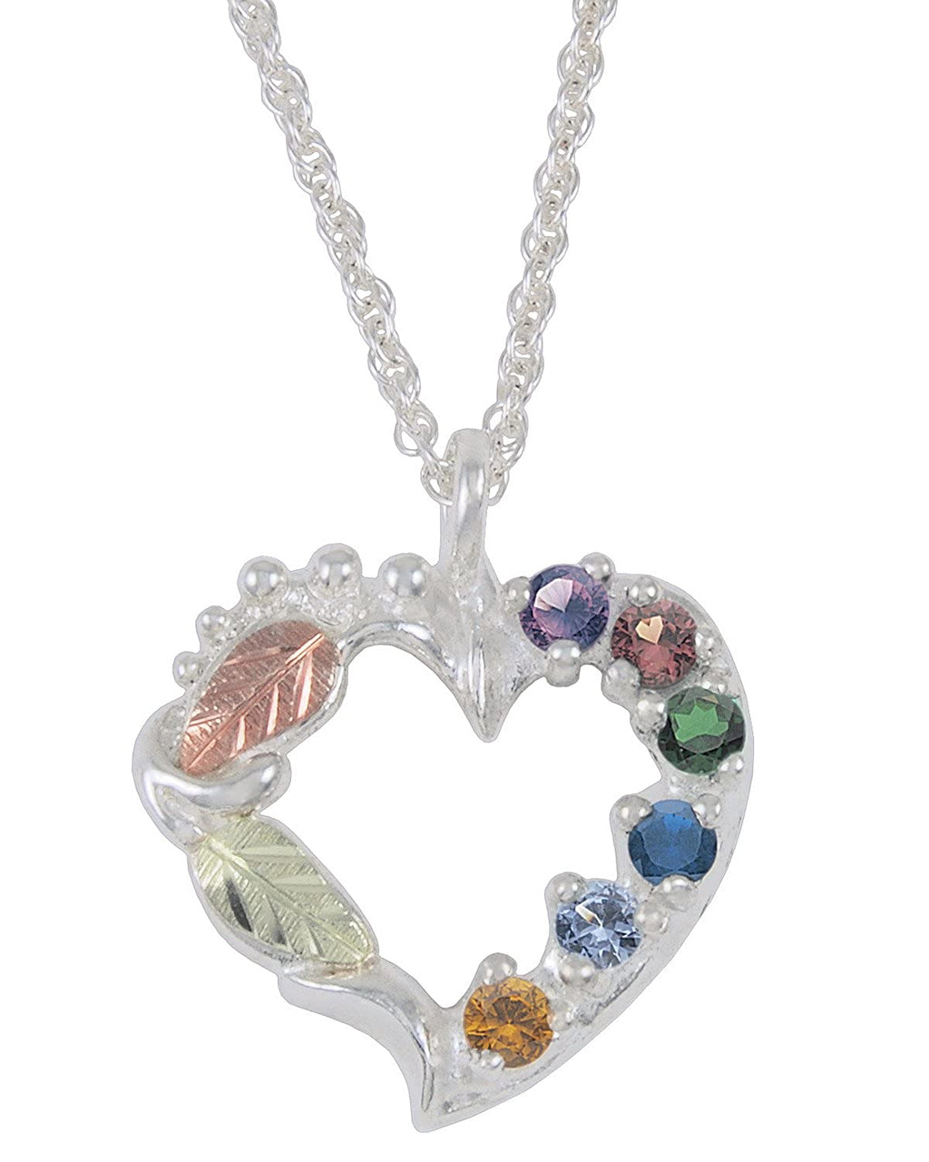 Amethyst, Garnet, Emerald, Sapphire, Aquamarine, Citrine Heart Pendant Necklace, Sterling Silver, 12k Green and Rose Gold Black Hills Gold Motif, 18"