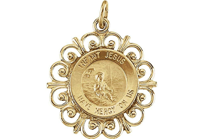 Rhodium Plated 14k Yellow Gold Infant Jesus Medal (18.5 MM)