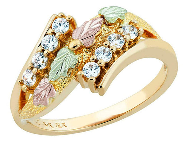 Ave 369 Round CZ Bypass Ring, 10k Yellow Gold, 12k Green and Rose Gold Black Hills Gold Motif
