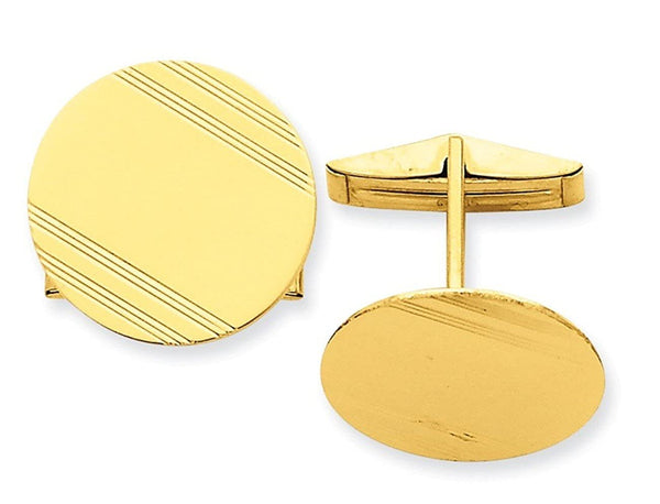 14k Yellow Gold Line Texture Round Cuff Links, 20MM