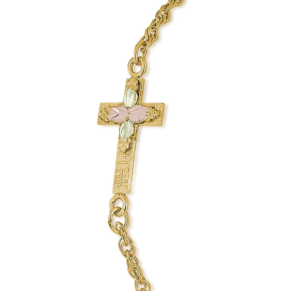 Sideways Cross Bracelet, 10k Yellow Gold, 12k Green and Rose Gold Black Hills Gold Motif, 7.25"