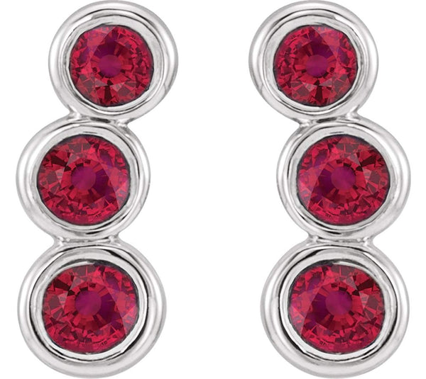 Chatham Created Ruby Three-Stone Ear Climbers, Rhodium-Plated 14k White Gold