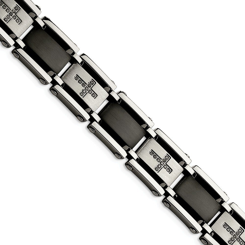 Men's Brushed Stainless Steel 19mm Black IP-Plated and Black Diamond Cross Bracelet, 8.75" (.25Ctw)