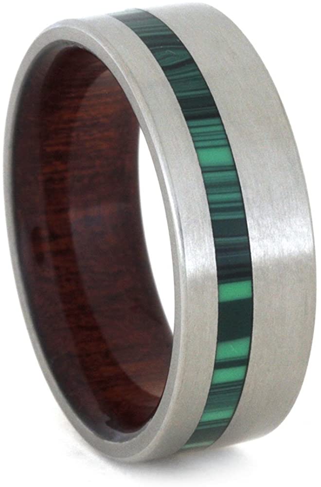 Synthetic Green Malachite, Matte Titanium 8mm Comfort-Fit Bloodwood Wedding Band, Size 8.5