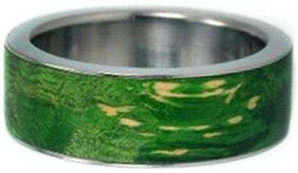 Interchangeable Wood Ring with Peridot Burl Wood Inlay 8 mm Comfort Fit Titanium Band, Size 5