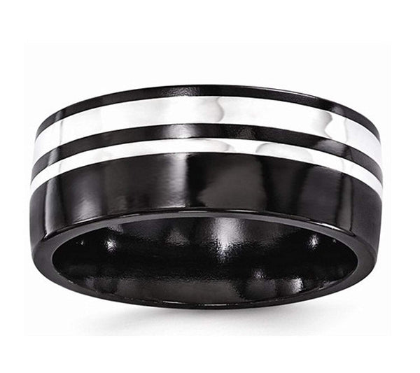 Edward Mirell Black Titanium and Sterling Silver Two-Tone Flat 9mm Wedding Band