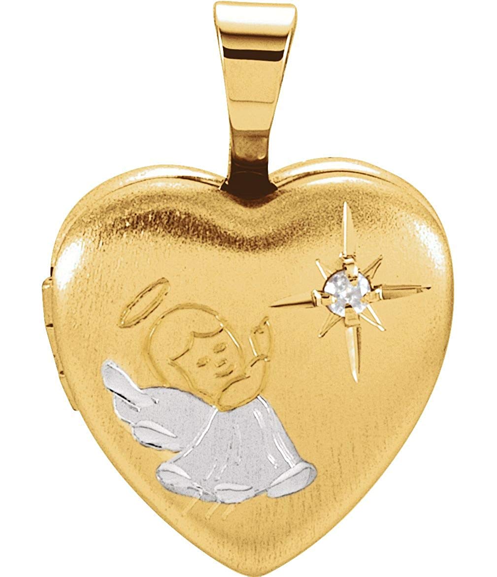 Childrens Diamond Guardian Angel Heart Locket Pendant, Yellow Gold Plate and Sterling Silver