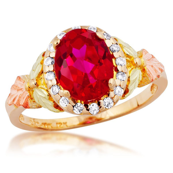 Diamond with Created Oval Ruby Ring, 10k Yellow Gold, 12k Green and Rose Gold Black Hills Gold Motif (.16 Ctw)