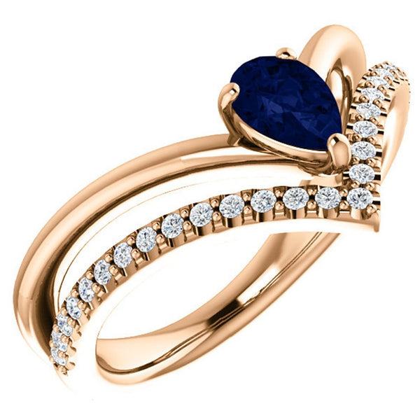 Chatham Created Blue Sapphire Pear Chevron and Diamond 14k Rose Gold Ring (.145 Ctw,G-H Color, I1 Clarity)