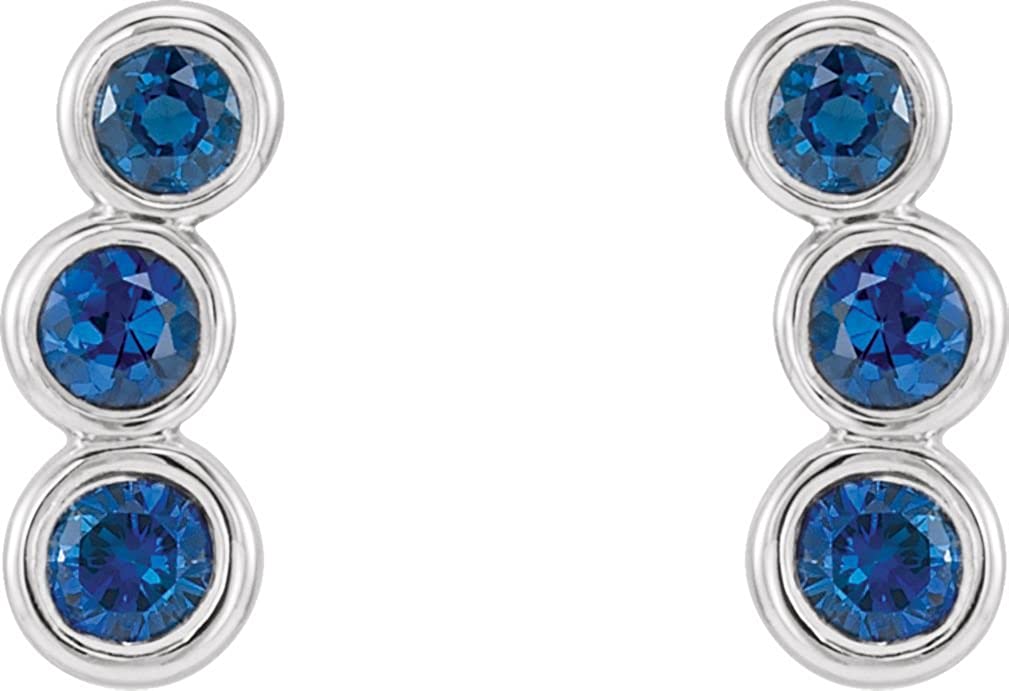 Platinum Chatham Created Blue Sapphire Three-Stone Ear Climbers