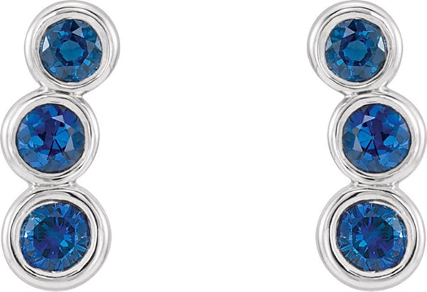 Platinum Chatham Created Blue Sapphire Three-Stone Ear Climbers