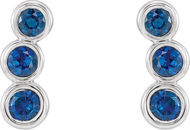 Platinum Chatham Created Blue Sapphire Three-Stone Ear Climbers