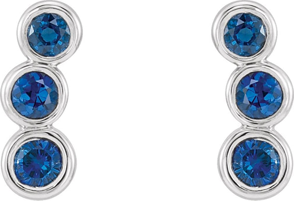 Chatham Created Blue Sapphire Three-Stone Ear Climbers, Rhodium-Plated 14k White Gold