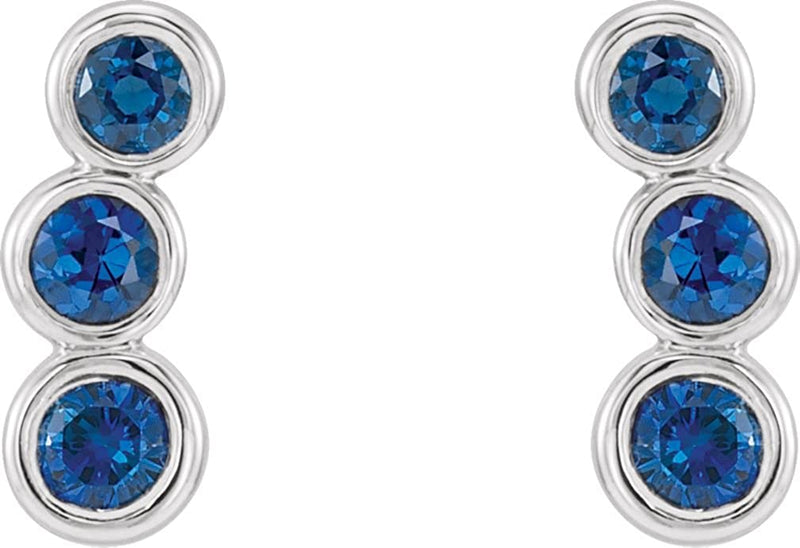 Chatham Created Blue Sapphire Three-Stone Ear Climbers, Rhodium-Plated 14k White Gold