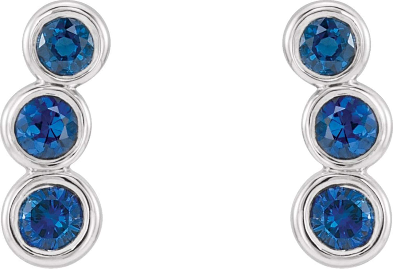 Blue Zircon Three-Stone Ear Climbers, Rhodium-Plated 14k White Gold