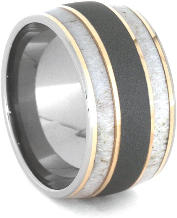 Deer Antler, 14k Rose Gold 9mm Comfort-Fit Sandblasted Titanium Wedding Band, Size 16