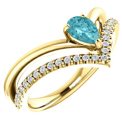 Blue Zircon Pear and Diamond Chevron 14k Yellow Gold Ring (. 16 Ctw, G-H Color, I1 Clarity)