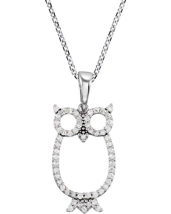 56-Stone Diamond Owl Silhouette Rhodium Plate 14k White Gold Pendant Necklace, 16" (1/4 Ctw, GH, I1)