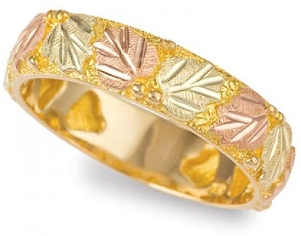 Men's Thin Wedding Band, 10k Yellow Gold, 12k Green and Rose Gold Black Hills Gold Motif, Size 11.5