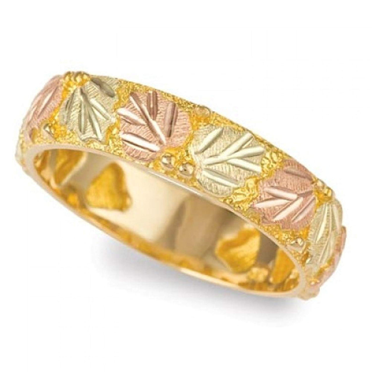 Men's Thin Wedding Band, 10k Yellow Gold, 12k Green and Rose Gold Black Hills Gold Motif