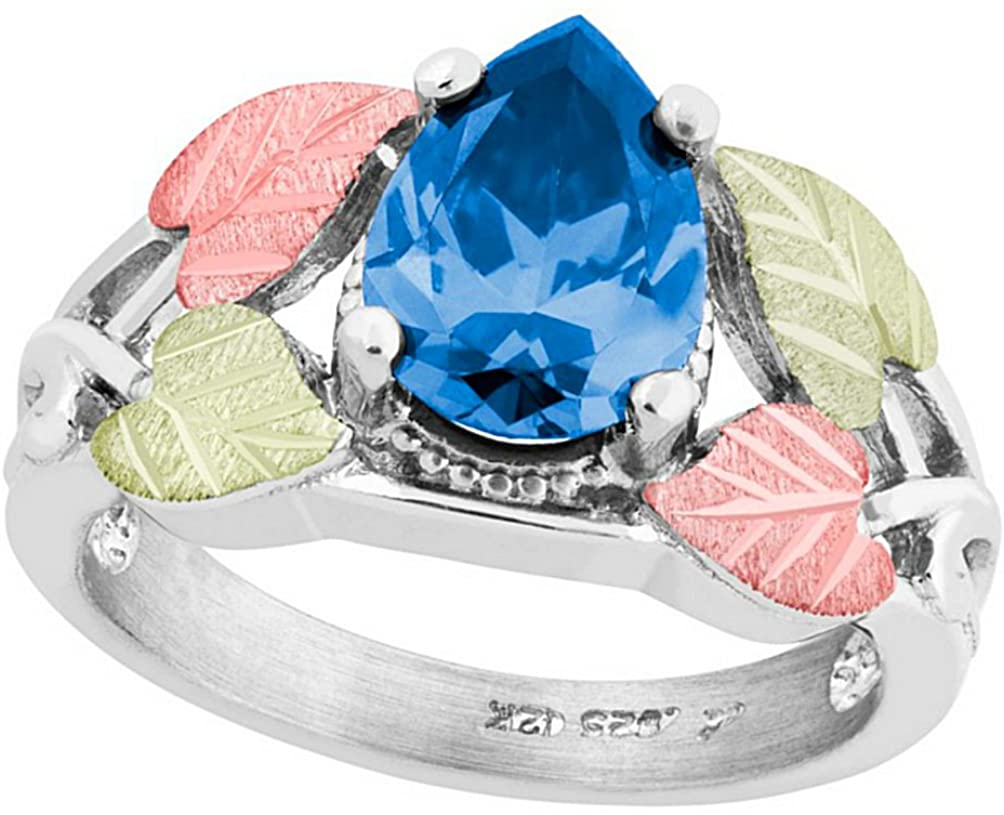 Pear Swiss Blue CZ Ring, Sterling Silver, 12k Green and Rose Gold Black Hills Gold Motif, Size 9.25