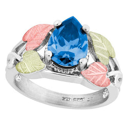 Pear Swiss Blue CZ Ring, Sterling Silver, 12k Green and Rose Gold Black Hills Gold Motif, Size 7.5