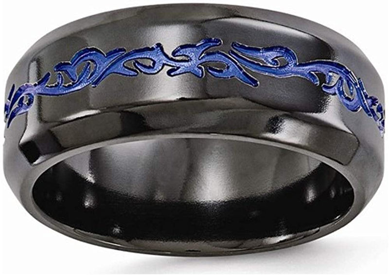 Anodized Collection Black Titanium Patterned Blue Anodized Scrollwork 9mm Wedding Band, Size 9