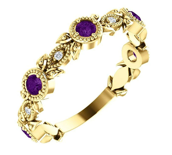 Amethyst and Diamond Vintage-Style Ring, 14k Yellow Gold (0.03 Ctw, G-H Color, I1 Clarity)