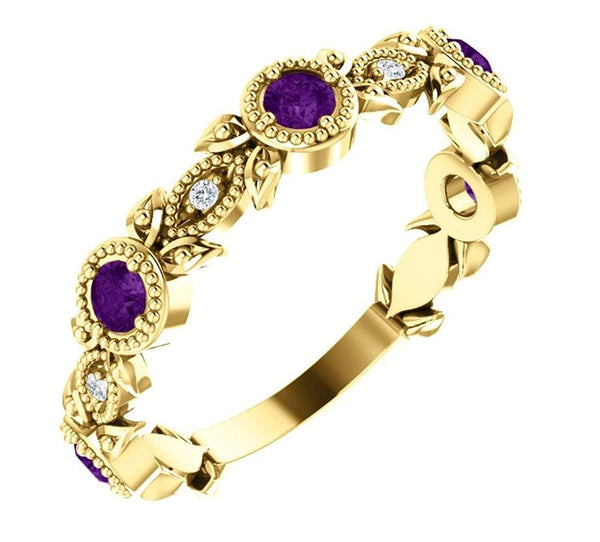 Amethyst and Diamond Vintage-Style Ring, 14k Yellow Gold (0.03 Ctw, G-H Color, I1 Clarity)