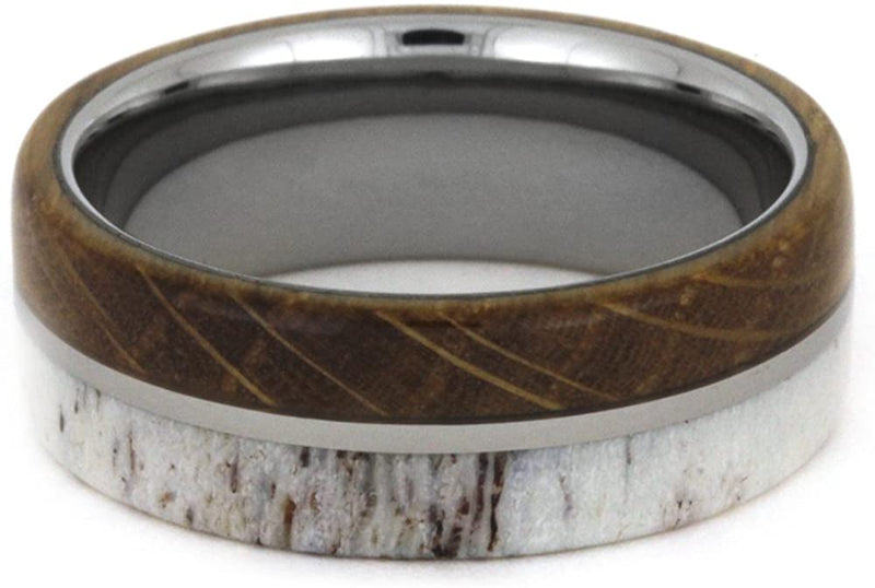 Deer Antler, Whiskey Barrel Oak Wood 8mm Comfort-Fit Titanium Band, Size 12.5