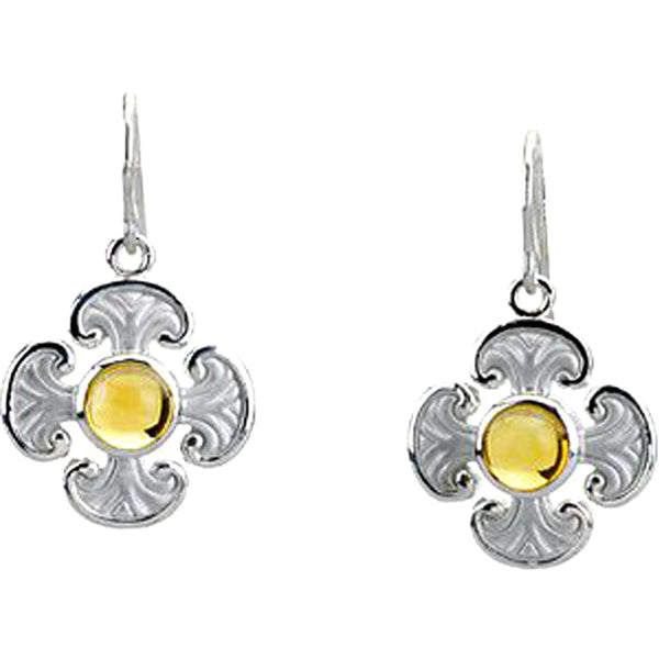 Citrine Cabochon Ornate Cross Earrings, Sterling Silver