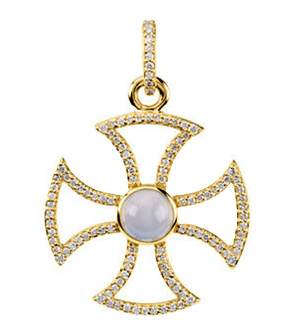 14k Yellow Gold Diamond and Chalcedony Maltese Rope Cross Pendant (GH Color, I1 Clarity, 3/4 Cttw)