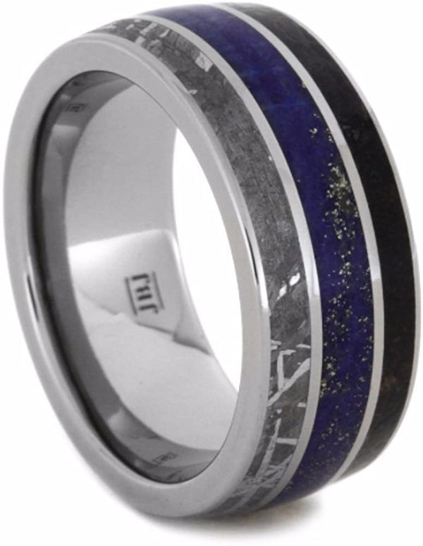 The Men's Jewelry Store (Unisex Jewelry) Dinosaur Bone, Gibeon Meteorite, Lapis Lazuli 10mm Comfort-Fit Titanium Wedding Band, Size 8.75