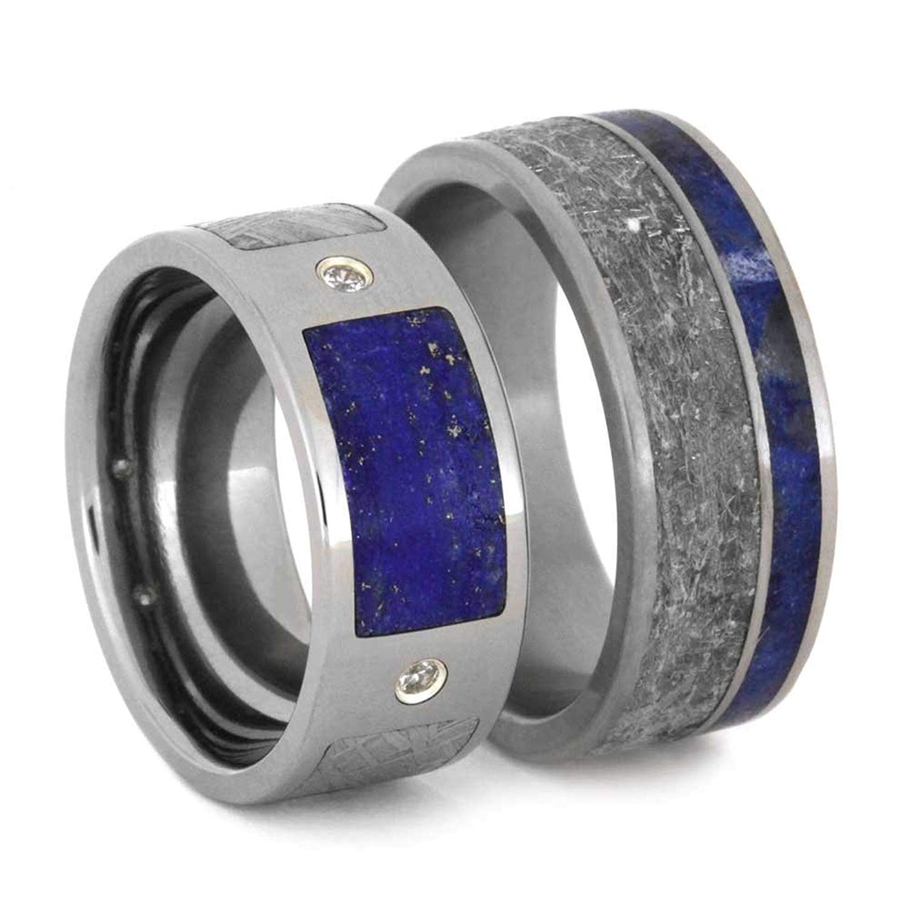 White Sapphire, Gibeon Meteorite, Lapis Lazuli Ring and Gibeon Meteorite, Lapis Lazuli Titanium Band, Couples Wedding Band Set