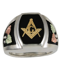 Ave 369 10k Yellow Gold Mason's Emblem Onyx Ring, Sterling Silver, 12k Green and Rose Gold Black Hills Gold
