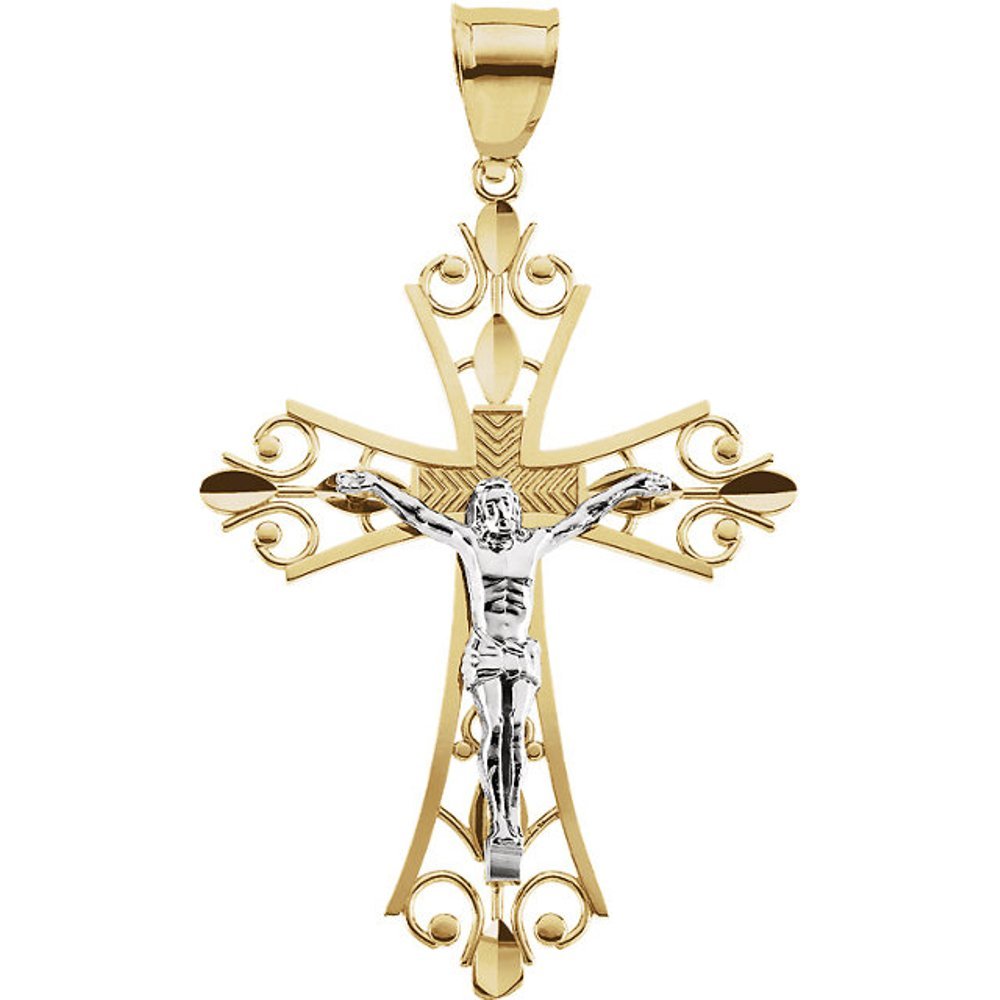 Two-Tone Fleur-de-Lis Filigree Crucifix 14k Yellow and White Gold Pendant (50.5X36.5MM)