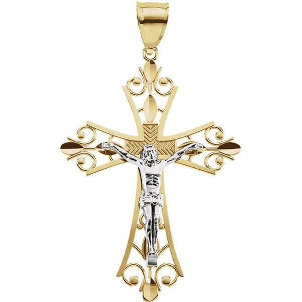 Two-Tone Fleur-de-Lis Filigree Crucifix 14k Yellow and White Gold Pendant (50.5X36.5MM)