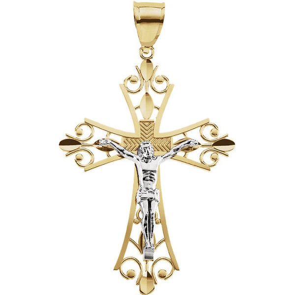 Two-Tone Fleur-de-Lis Filigree Crucifix 14k Yellow and White Gold Pendant (34X24MM)