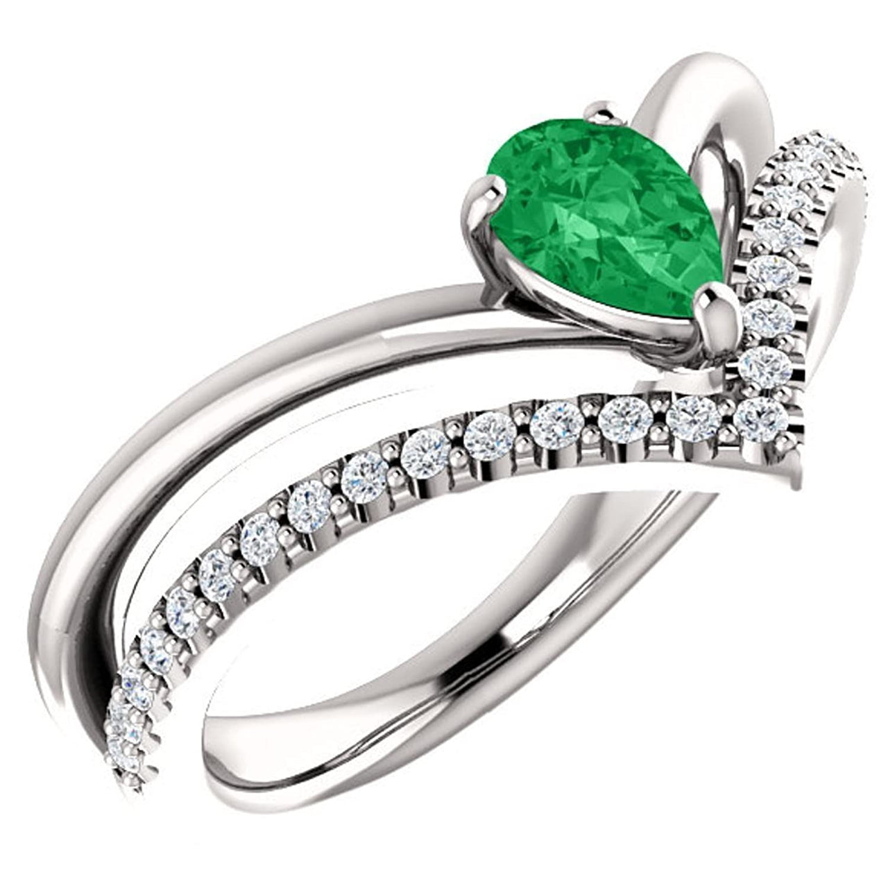 Emerald Pear and Diamond Chevron Sterling Silver Ring (.145 Ctw,G-H Color, I1 Clarity)